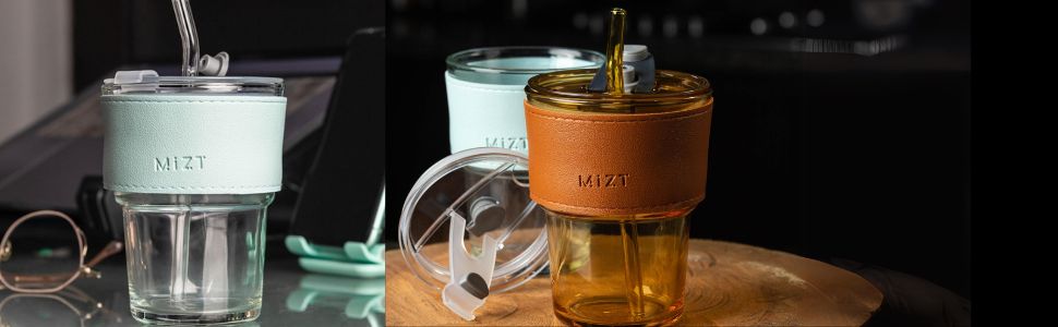MIZT 13oz/400ml Insulated Glass Tumbler with Straw and Lid - Thick Wall Coffee and Iced Tea Cup with Anti-Slip Leather Sleeve Brown