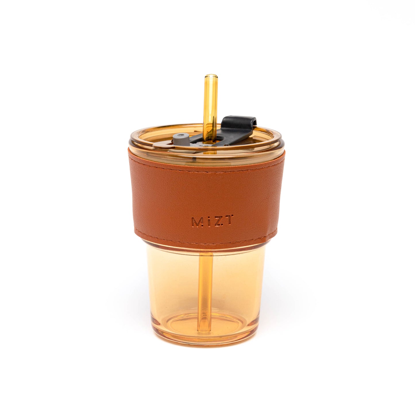 MIZT 13oz/400ml Insulated Glass Tumbler with Straw and Lid - Thick Wall Coffee and Iced Tea Cup with Anti-Slip Leather Sleeve Brown