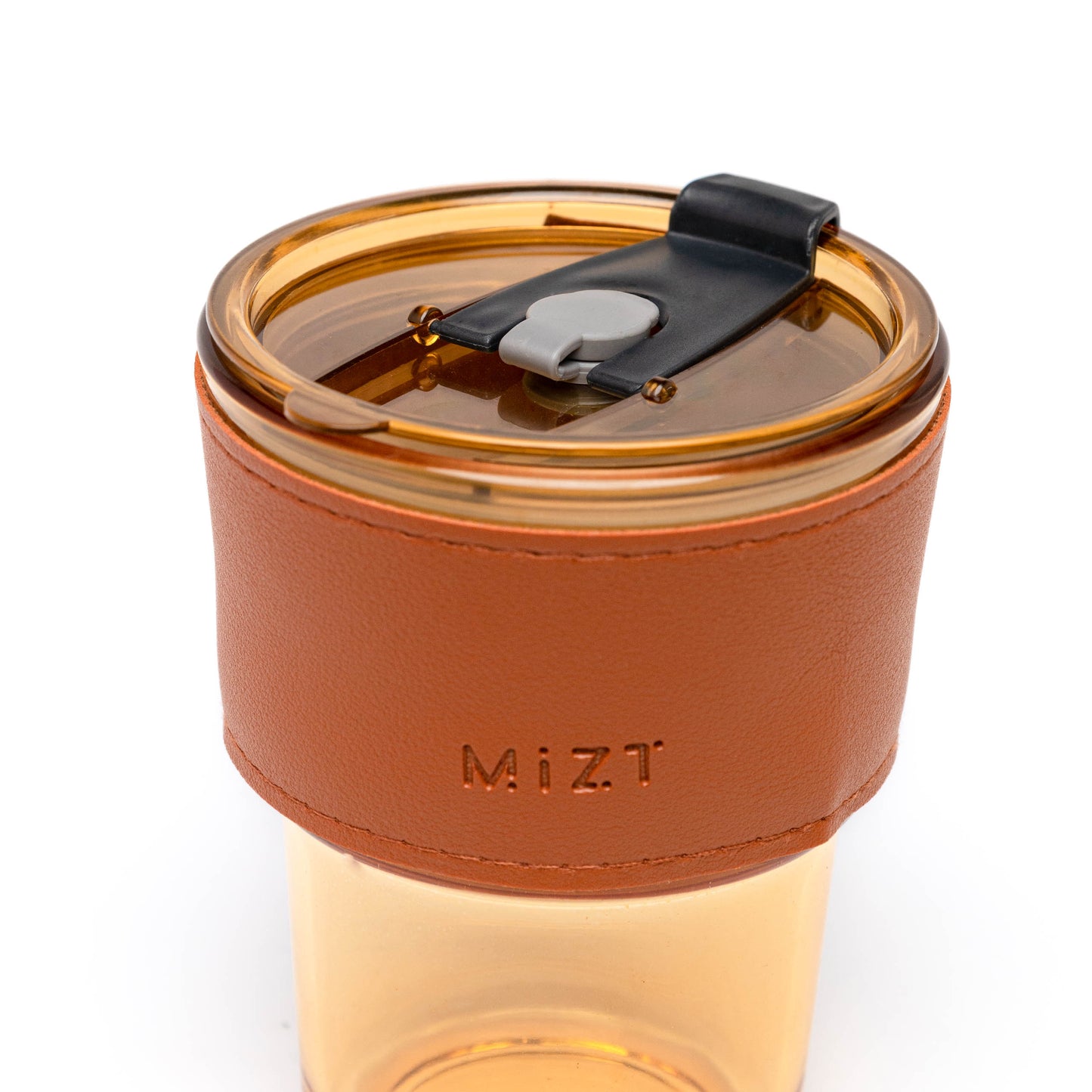 MIZT 13oz/400ml Insulated Glass Tumbler with Straw and Lid - Thick Wall Coffee and Iced Tea Cup with Anti-Slip Leather Sleeve Brown