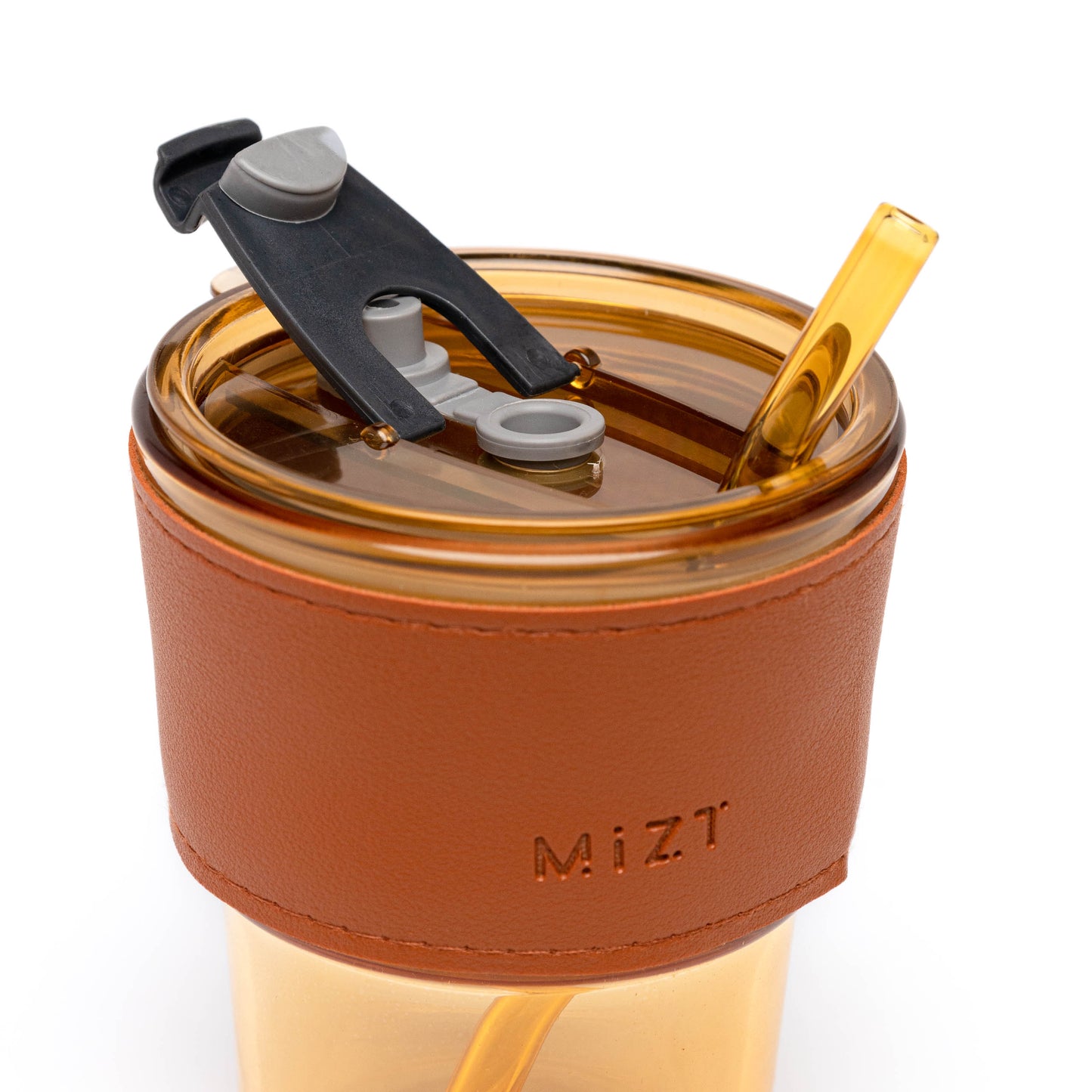 MIZT 13oz/400ml Insulated Glass Tumbler with Straw and Lid - Thick Wall Coffee and Iced Tea Cup with Anti-Slip Leather Sleeve Brown